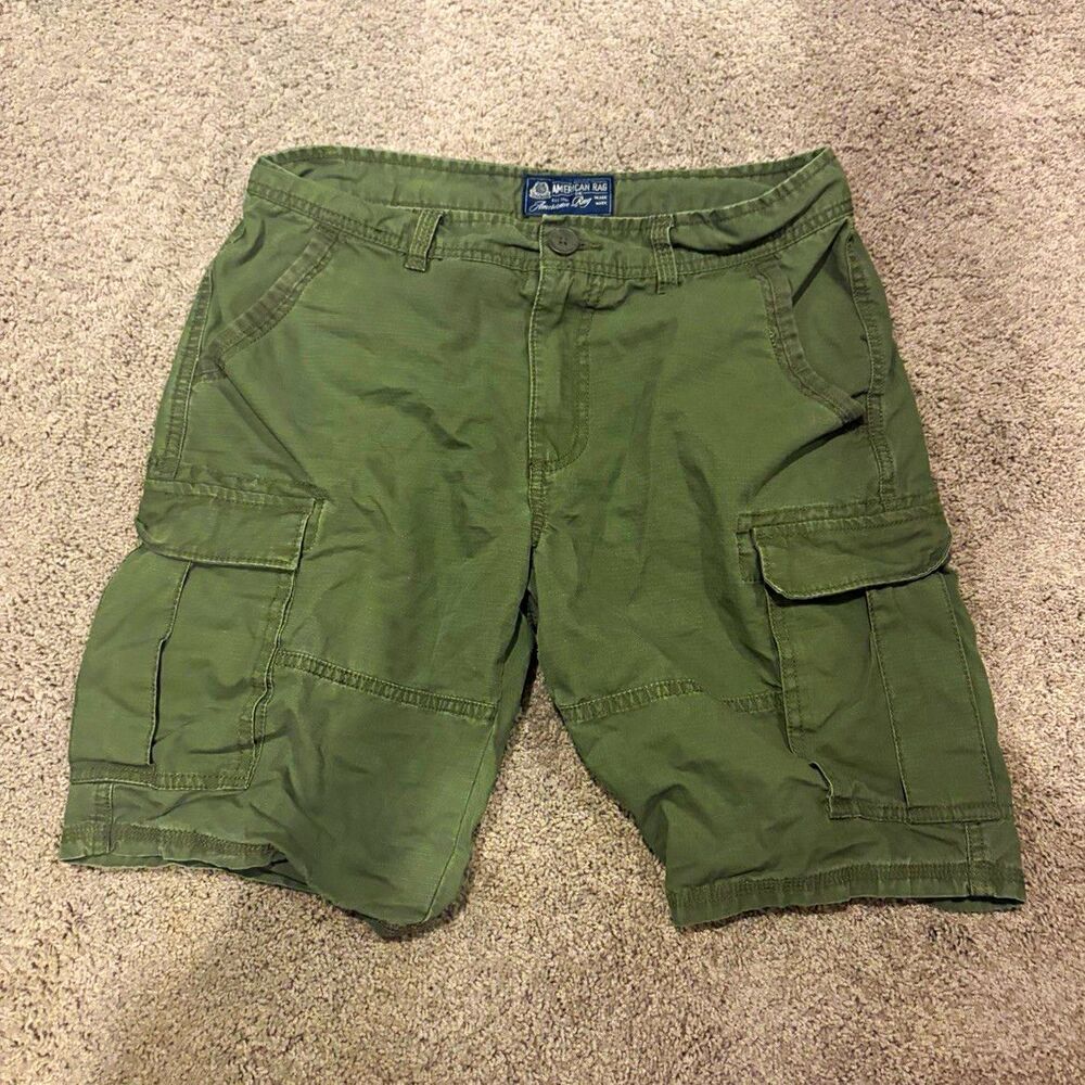American Rag Men’s Green Cargo Shorts Cotton Canvas Button Pockets Flat Front